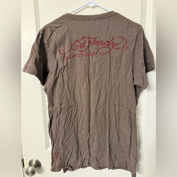 Ed Hardy Vintage Y2K Men's Brown/Taupe Graphic Tee with Flaming Dragon  Large - Picture 3 of 3